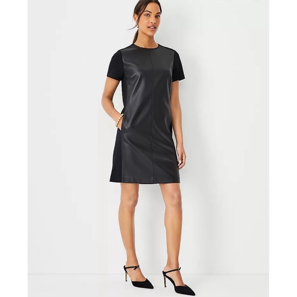 Ann Taylor‎ Women's Black Faux Leather Mixed Media Shift Dress Size LP New $149 - Picture 1 of 9